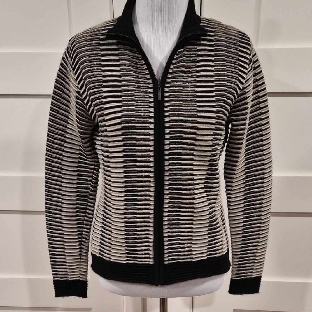 Black and White Striped Zip-Front Women's Cardigan Sweater